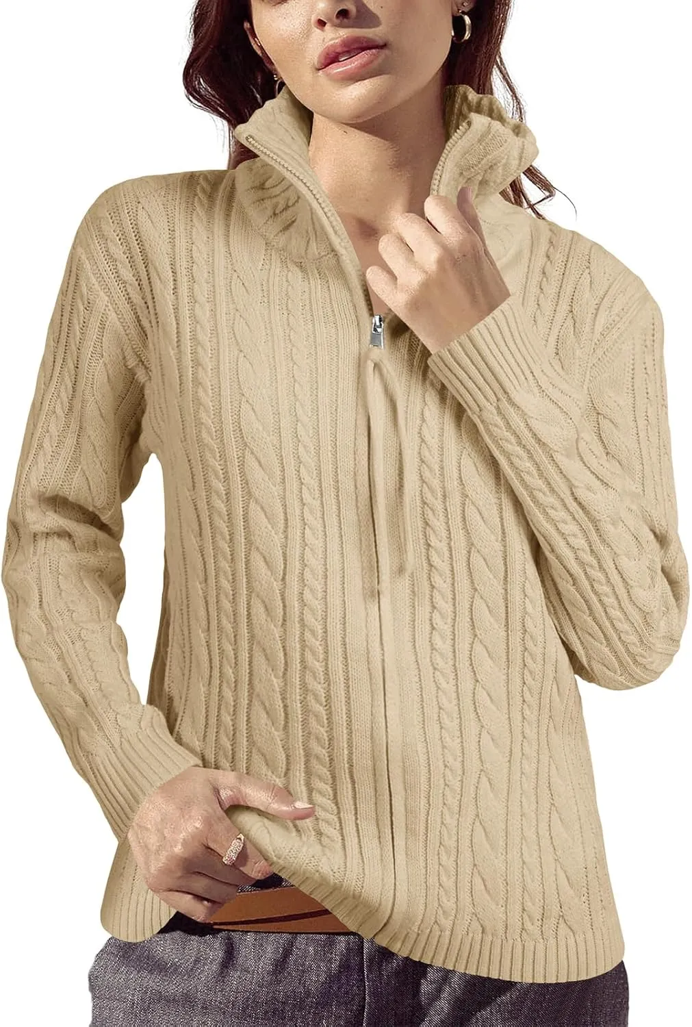 Saodimallsu Womens Cable Knit Cardigan Zip Up Collared Long Sleeve Vintage Sweater Loose Open Front Coats