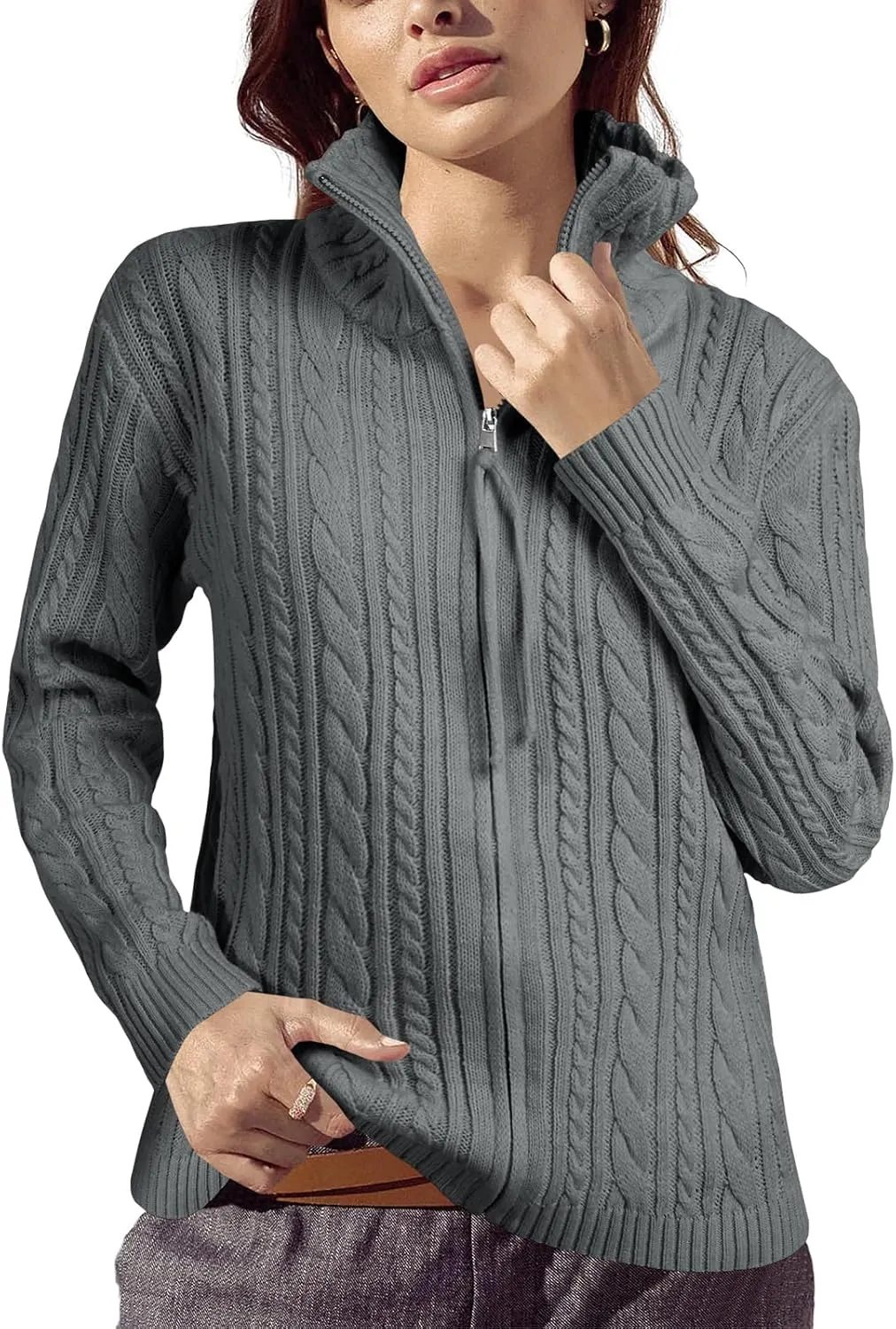 Saodimallsu Womens Cable Knit Cardigan Zip Up Collared Long Sleeve Vintage Sweater Loose Open Front Coats