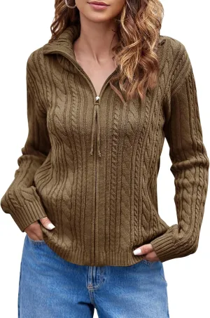 Saodimallsu Womens Cable Knit Cardigan Zip Up Collared Long Sleeve Vintage Sweater Loose Open Front Coats