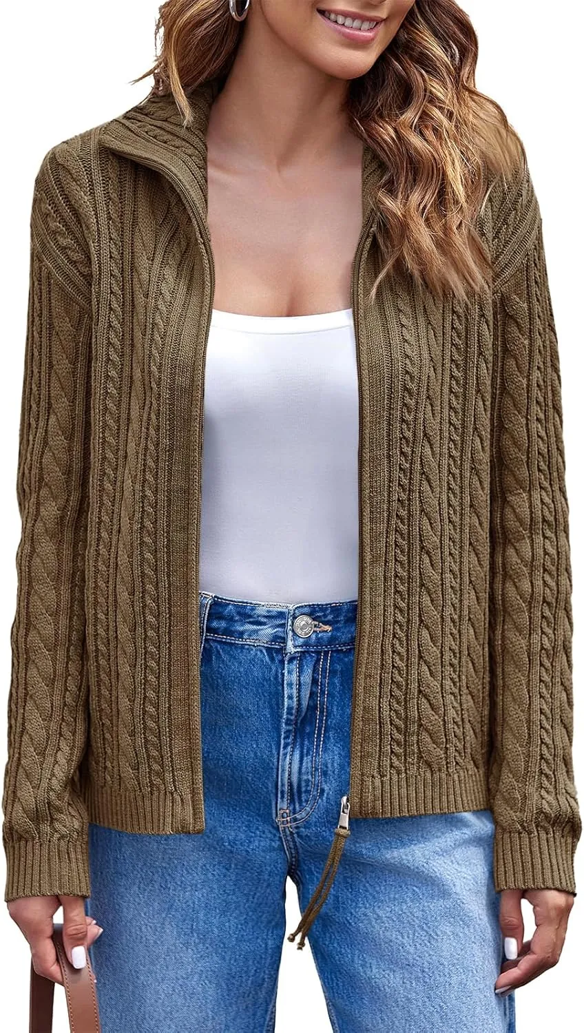 Saodimallsu Womens Cable Knit Cardigan Zip Up Collared Long Sleeve Vintage Sweater Loose Open Front Coats