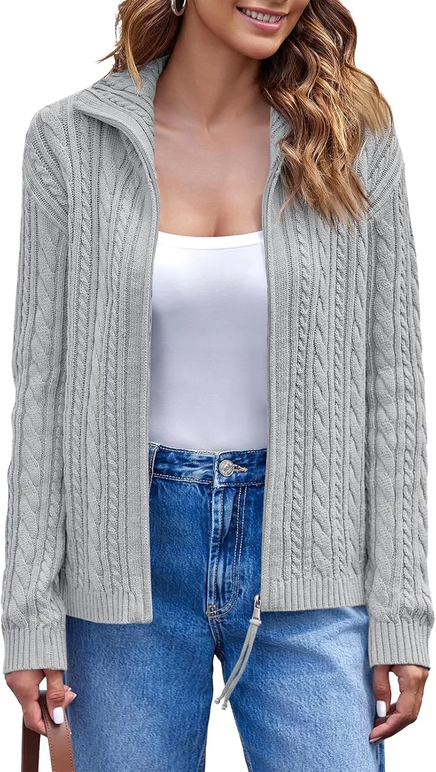Saodimallsu Womens Cable Knit Cardigan Zip Up Collared Long Sleeve Vintage Sweater Loose Open Front Coats