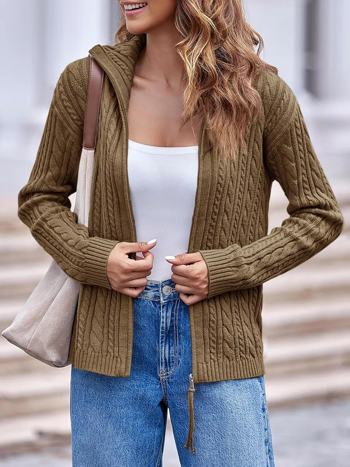 Saodimallsu Womens Cable Knit Cardigan Zip Up Collared Long Sleeve Vintage Sweater Loose Open Front Coats