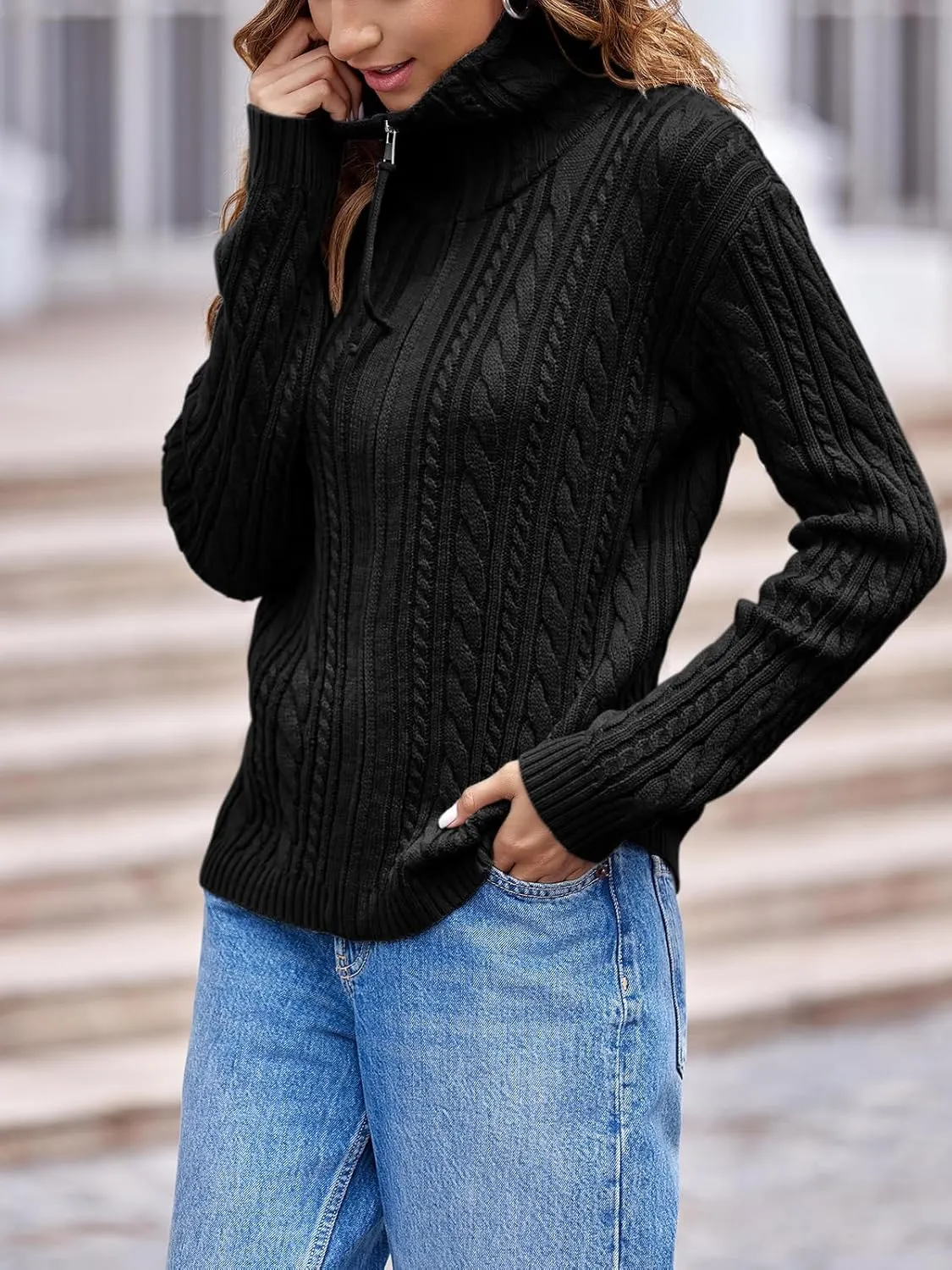 Saodimallsu Womens Cable Knit Cardigan Zip Up Collared Long Sleeve Vintage Sweater Loose Open Front Coats
