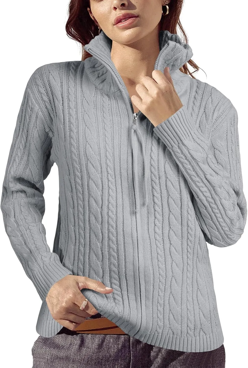 Saodimallsu Womens Cable Knit Cardigan Zip Up Collared Long Sleeve Vintage Sweater Loose Open Front Coats