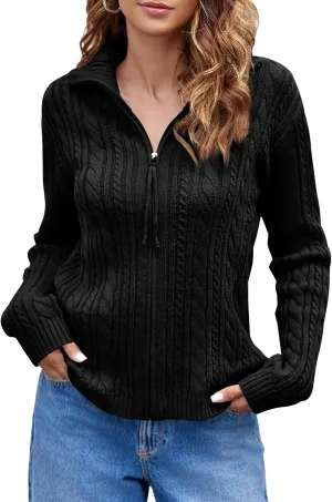 Saodimallsu Womens Cable Knit Cardigan Zip Up Collared Long Sleeve Vintage Sweater Loose Open Front Coats
