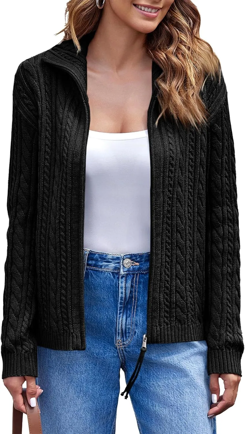 Saodimallsu Womens Cable Knit Cardigan Zip Up Collared Long Sleeve Vintage Sweater Loose Open Front Coats