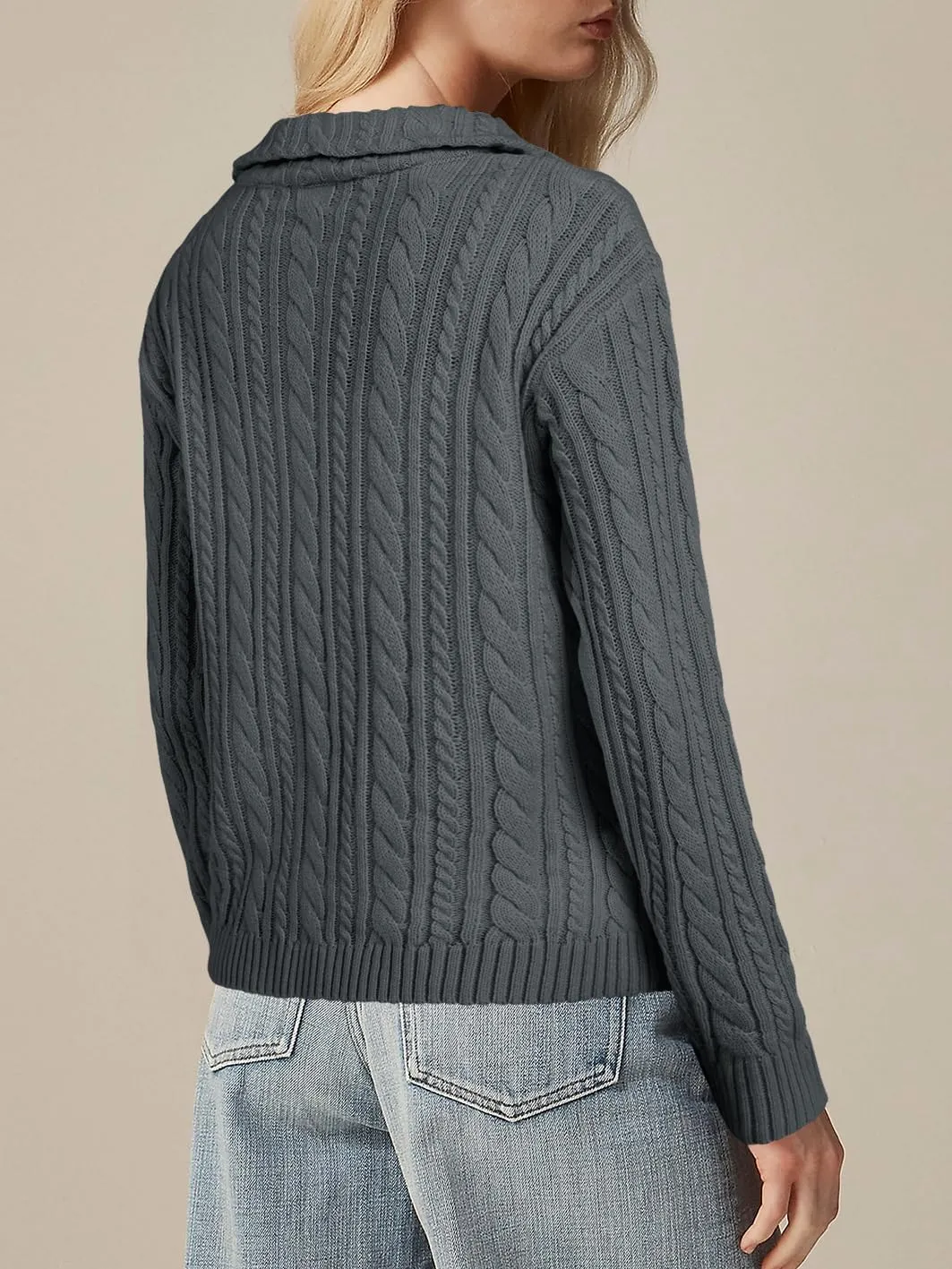 Saodimallsu Womens Cable Knit Cardigan Zip Up Collared Long Sleeve Vintage Sweater Loose Open Front Coats