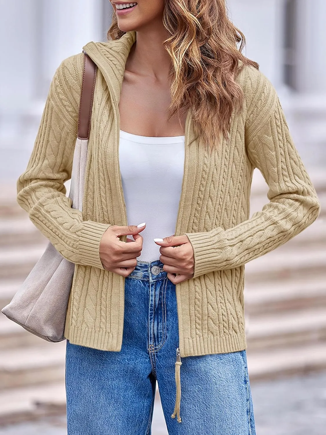 Saodimallsu Womens Cable Knit Cardigan Zip Up Collared Long Sleeve Vintage Sweater Loose Open Front Coats