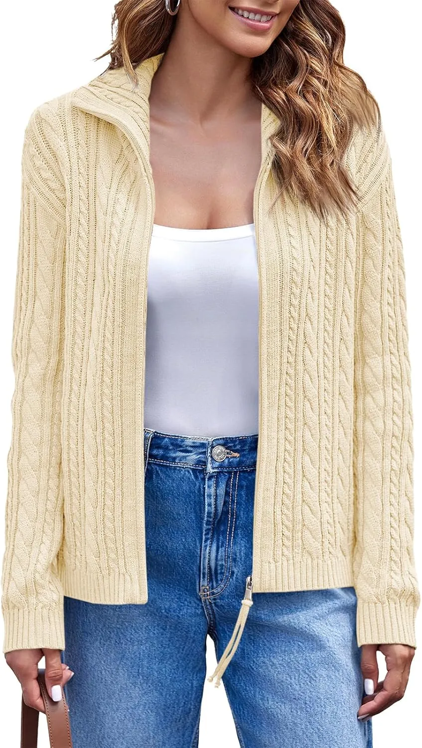 Saodimallsu Womens Cable Knit Cardigan Zip Up Collared Long Sleeve Vintage Sweater Loose Open Front Coats