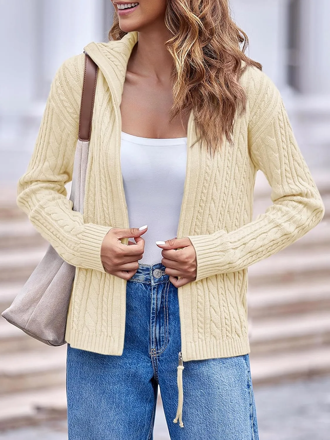 Saodimallsu Womens Cable Knit Cardigan Zip Up Collared Long Sleeve Vintage Sweater Loose Open Front Coats