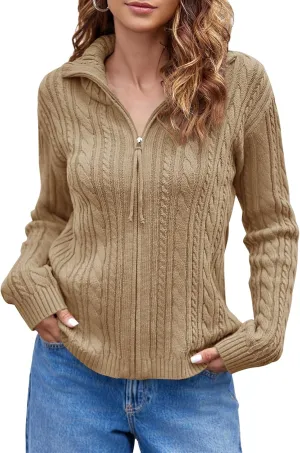 Saodimallsu Womens Cable Knit Cardigan Zip Up Collared Long Sleeve Vintage Sweater Loose Open Front Coats