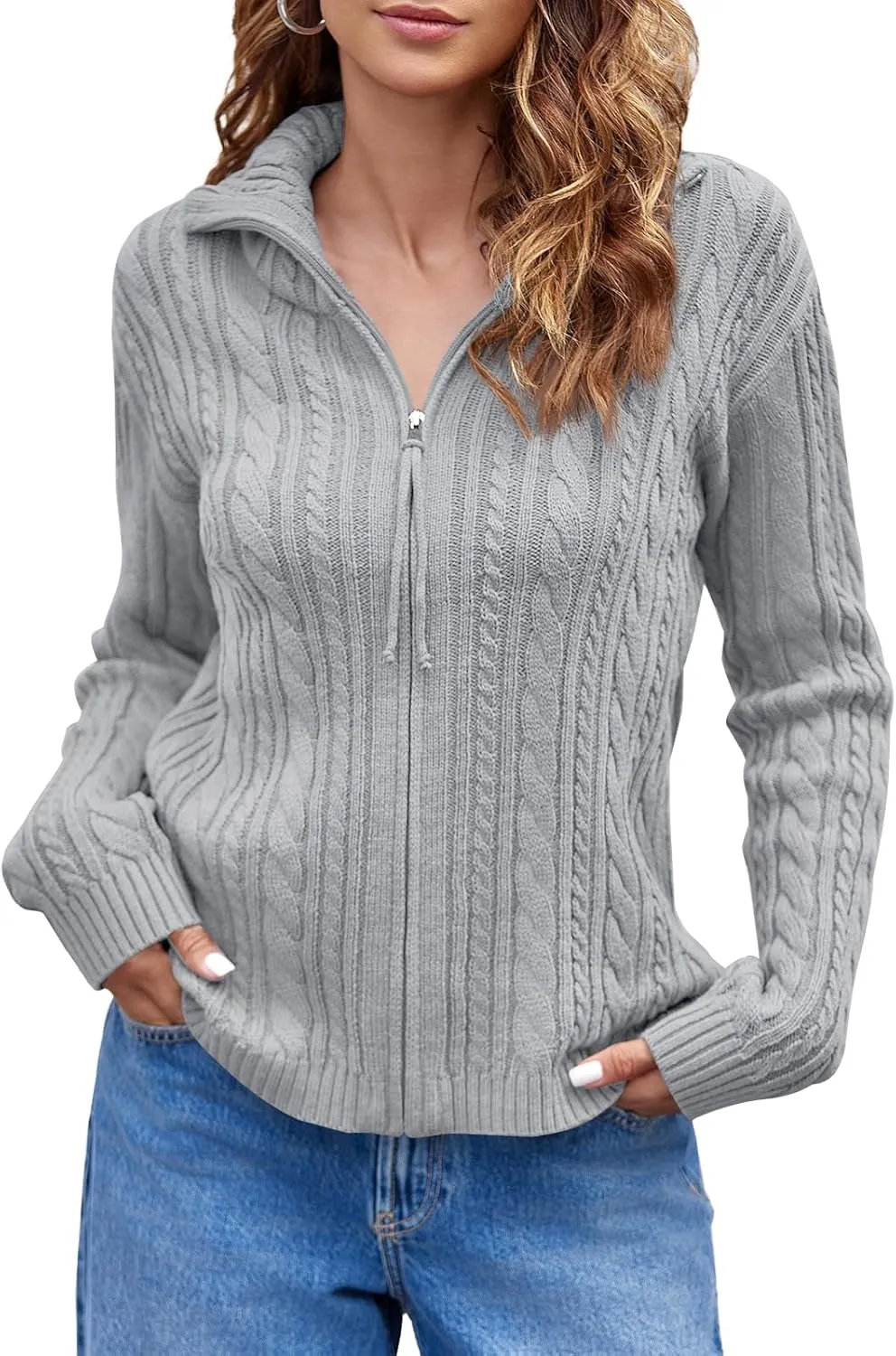 Saodimallsu Womens Cable Knit Cardigan Zip Up Collared Long Sleeve Vintage Sweater Loose Open Front Coats