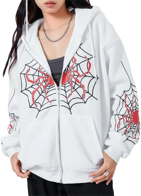 Sastianaen Women Y2k Zip Up Hoodies Gothic Spider Print Sweatshirt Vintage Graphic Oversized Fairy Grunge Jackets