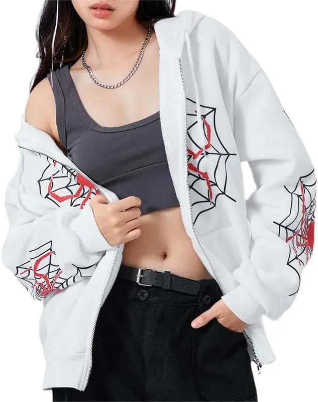 Sastianaen Women Y2k Zip Up Hoodies Gothic Spider Print Sweatshirt Vintage Graphic Oversized Fairy Grunge Jackets