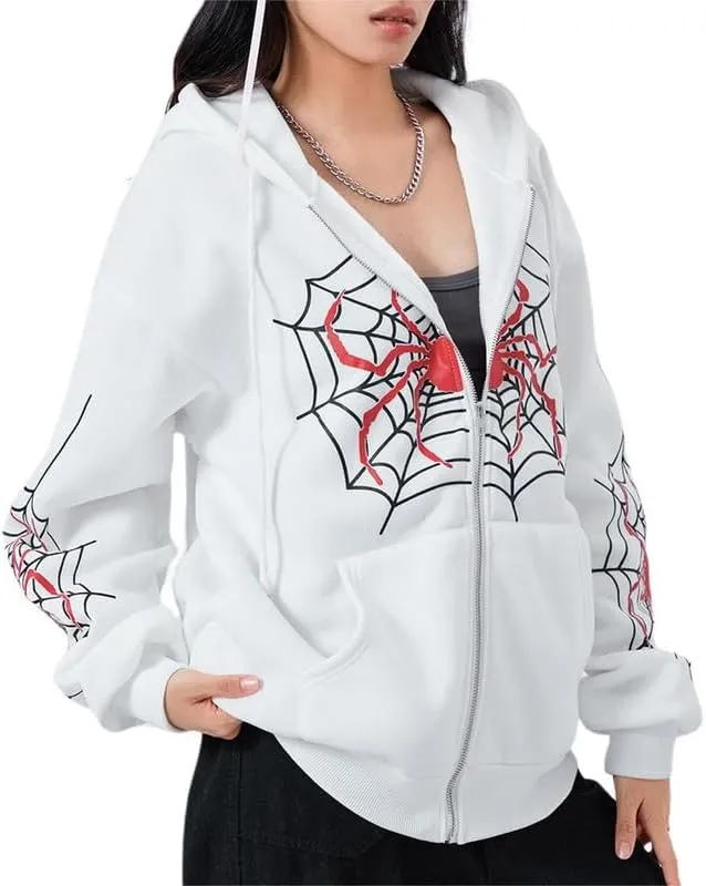 Sastianaen Women Y2k Zip Up Hoodies Gothic Spider Print Sweatshirt Vintage Graphic Oversized Fairy Grunge Jackets