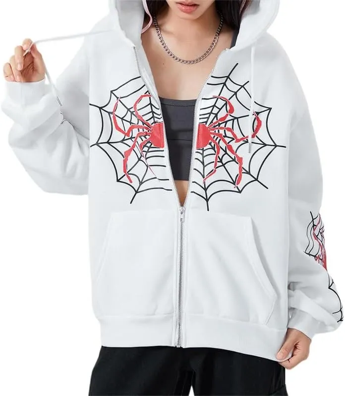 Sastianaen Women Y2k Zip Up Hoodies Gothic Spider Print Sweatshirt Vintage Graphic Oversized Fairy Grunge Jackets