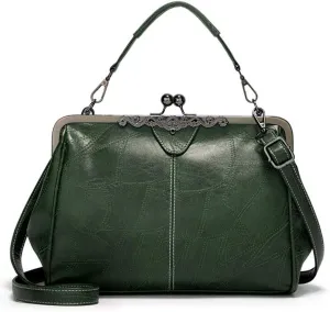 Segater Women Retro Hollow Oil Wax PU Leather Handbag Kiss Lock Crossbody Purse Vintage Messenger Bag Tote