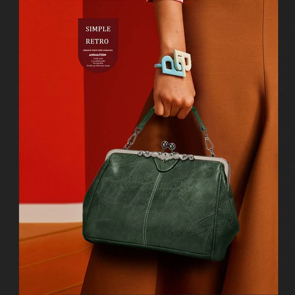 Segater Women Retro Hollow Oil Wax PU Leather Handbag Kiss Lock Crossbody Purse Vintage Messenger Bag Tote