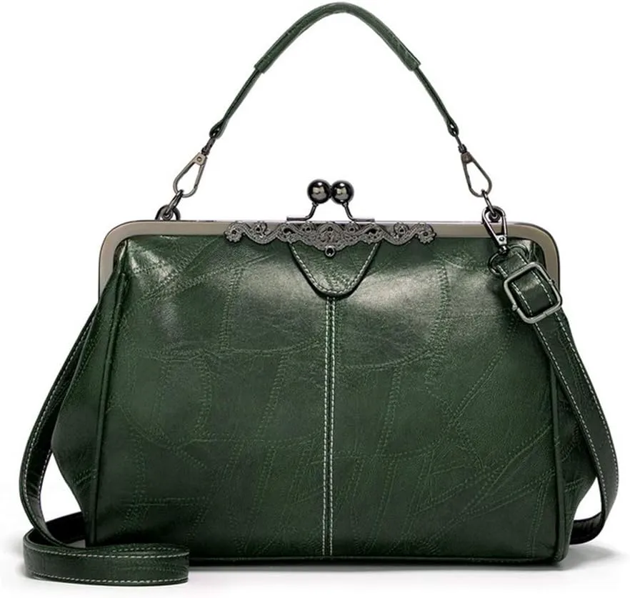 Segater Women Retro Hollow Oil Wax PU Leather Handbag Kiss Lock Crossbody Purse Vintage Messenger Bag Tote