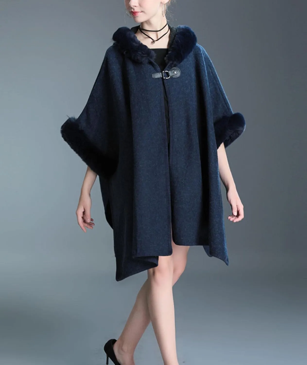 Sexyshine Women's Faux Fur Hooded Cloak Poncho Coat Loose Batwing Sleeve Woolen Shawl Wrap Sweater Cape Jacket