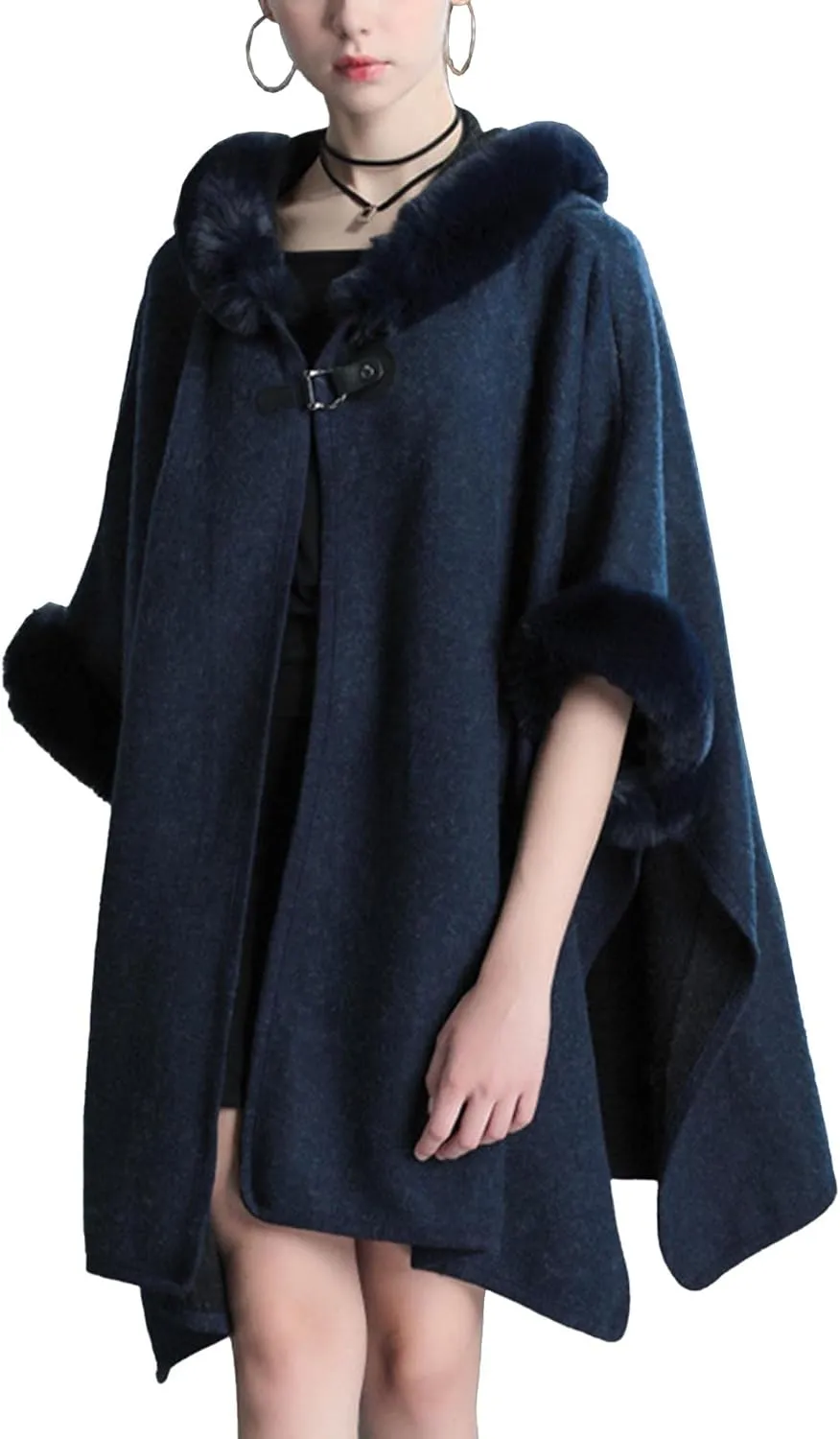 Sexyshine Women's Faux Fur Hooded Cloak Poncho Coat Loose Batwing Sleeve Woolen Shawl Wrap Sweater Cape Jacket