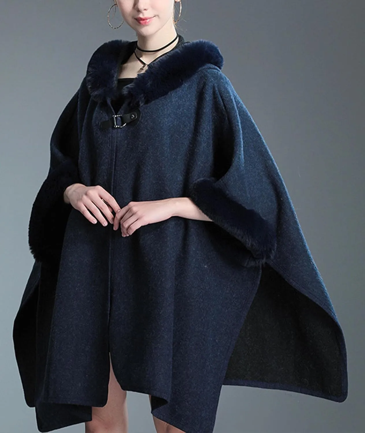 Sexyshine Women's Faux Fur Hooded Cloak Poncho Coat Loose Batwing Sleeve Woolen Shawl Wrap Sweater Cape Jacket