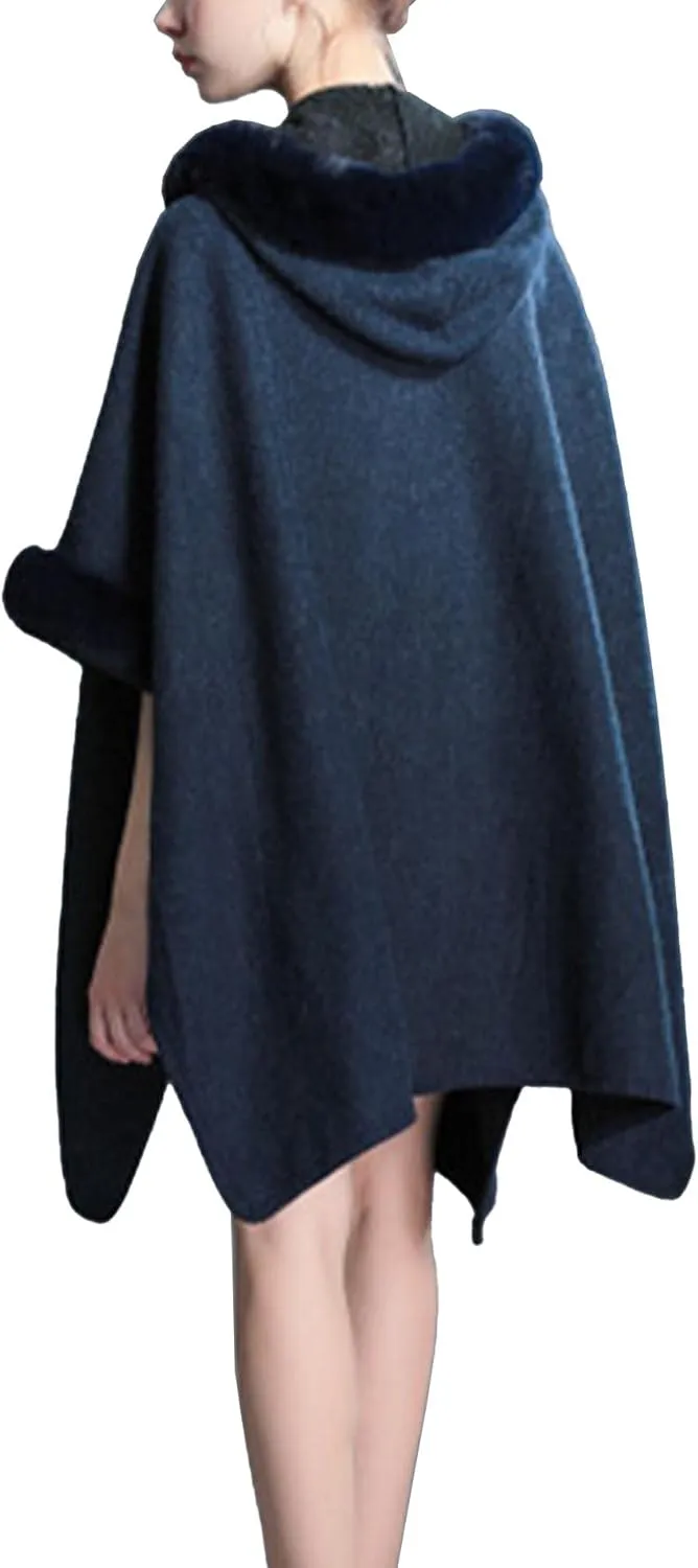 Sexyshine Women's Faux Fur Hooded Cloak Poncho Coat Loose Batwing Sleeve Woolen Shawl Wrap Sweater Cape Jacket