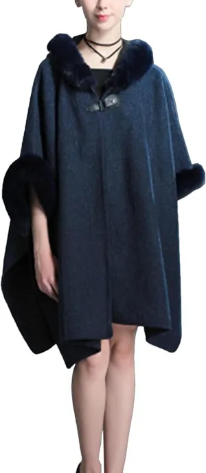 Sexyshine Women's Faux Fur Hooded Cloak Poncho Coat Loose Batwing Sleeve Woolen Shawl Wrap Sweater Cape Jacket