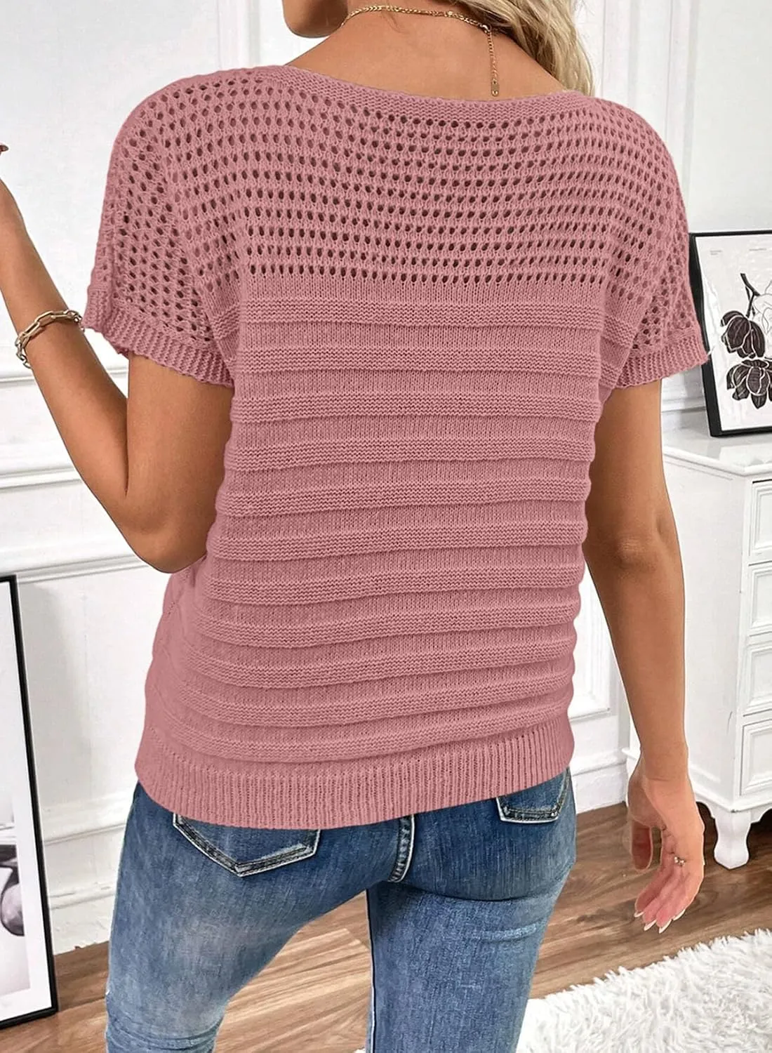 SHEWIN Womens Sweaters Crew Neck Short Sleeve Shirts Summer Tops Knit Hollow Out T Shirts Sweater Blouses