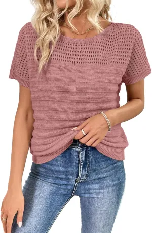 SHEWIN Womens Sweaters Crew Neck Short Sleeve Shirts Summer Tops Knit Hollow Out T Shirts Sweater Blouses