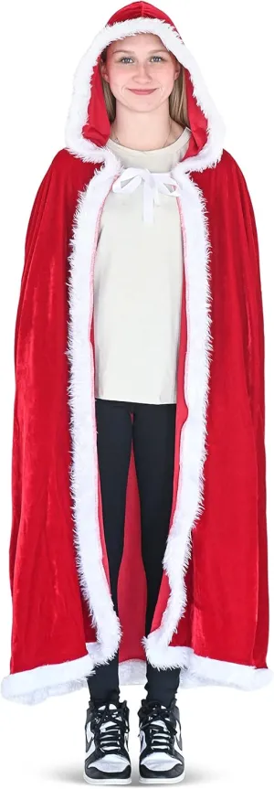 Skeleteen Red Velvet Santa Cape - Long Velour Hooded Cloak with White Fur Trimming Christmas Holiday Santa Claus and Mrs Claus Costume Robe with Hood - For Adults and Kids