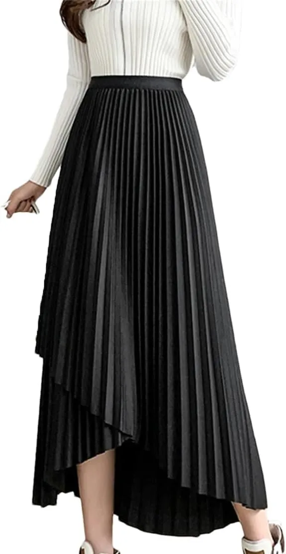 Skirts for Women Women's Midi Pleated Skirt Asymmetrical Elastic Waist A-Line Skirts Black Skirt
