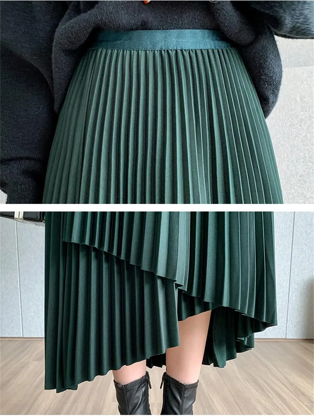 Skirts for Women Women's Midi Pleated Skirt Asymmetrical Elastic Waist A-Line Skirts Black Skirt