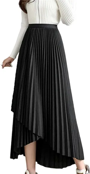Skirts for Women Women's Midi Pleated Skirt Asymmetrical Elastic Waist A-Line Skirts Black Skirt