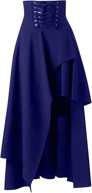 Solid Skirts for Women Midi Length High Low Modest Lace Up Pleated Goth Irregular Vintage Plus Size Rise Graceful