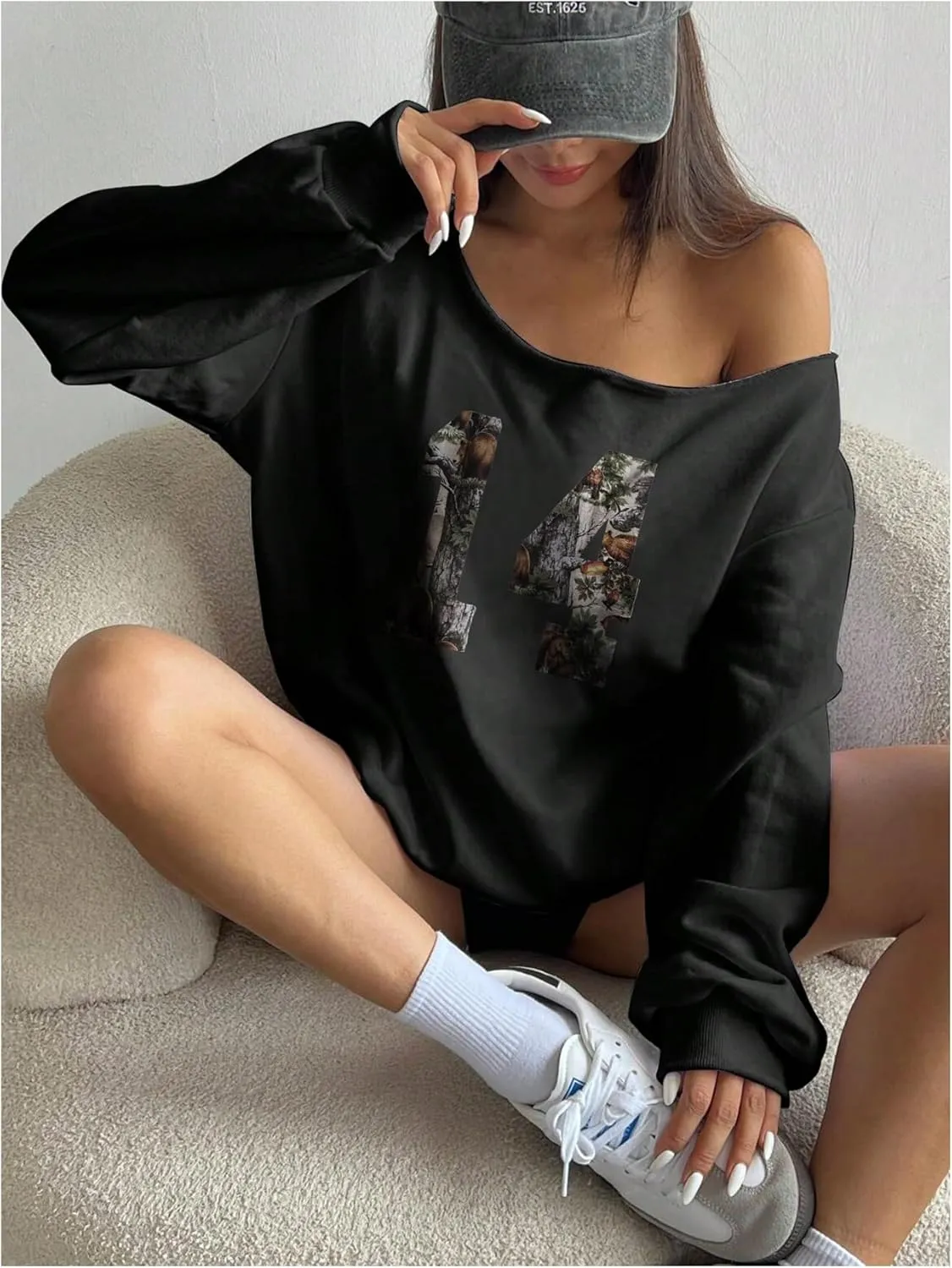 SOLY HUX Sweatshirt for Women Camo Number Graphic Off the Shoulder Long Sleeve Pullover Fall Tops