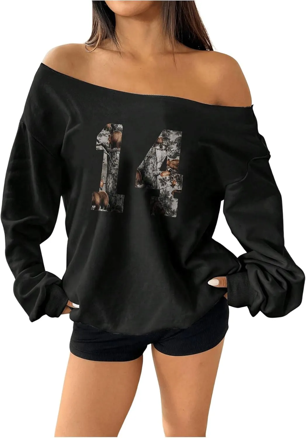 SOLY HUX Sweatshirt for Women Camo Number Graphic Off the Shoulder Long Sleeve Pullover Fall Tops