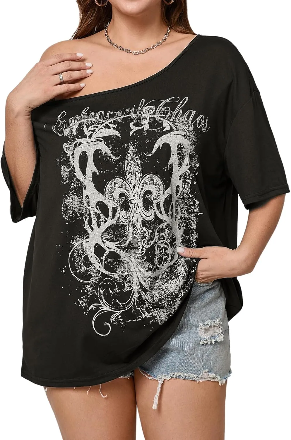 SOLY HUX Women's Plus Size Off The Shoulder Tops Graphic Tees Y2K Clothes Casual Short Sleeve Oversized T Shirts