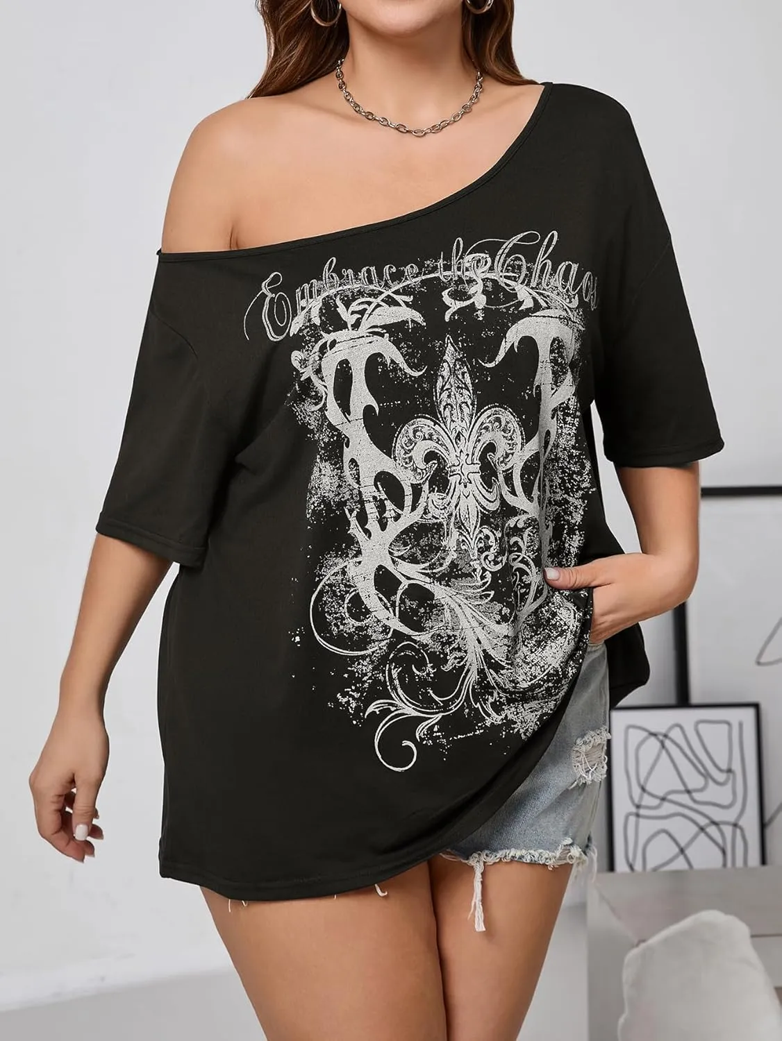 SOLY HUX Women's Plus Size Off The Shoulder Tops Graphic Tees Y2K Clothes Casual Short Sleeve Oversized T Shirts