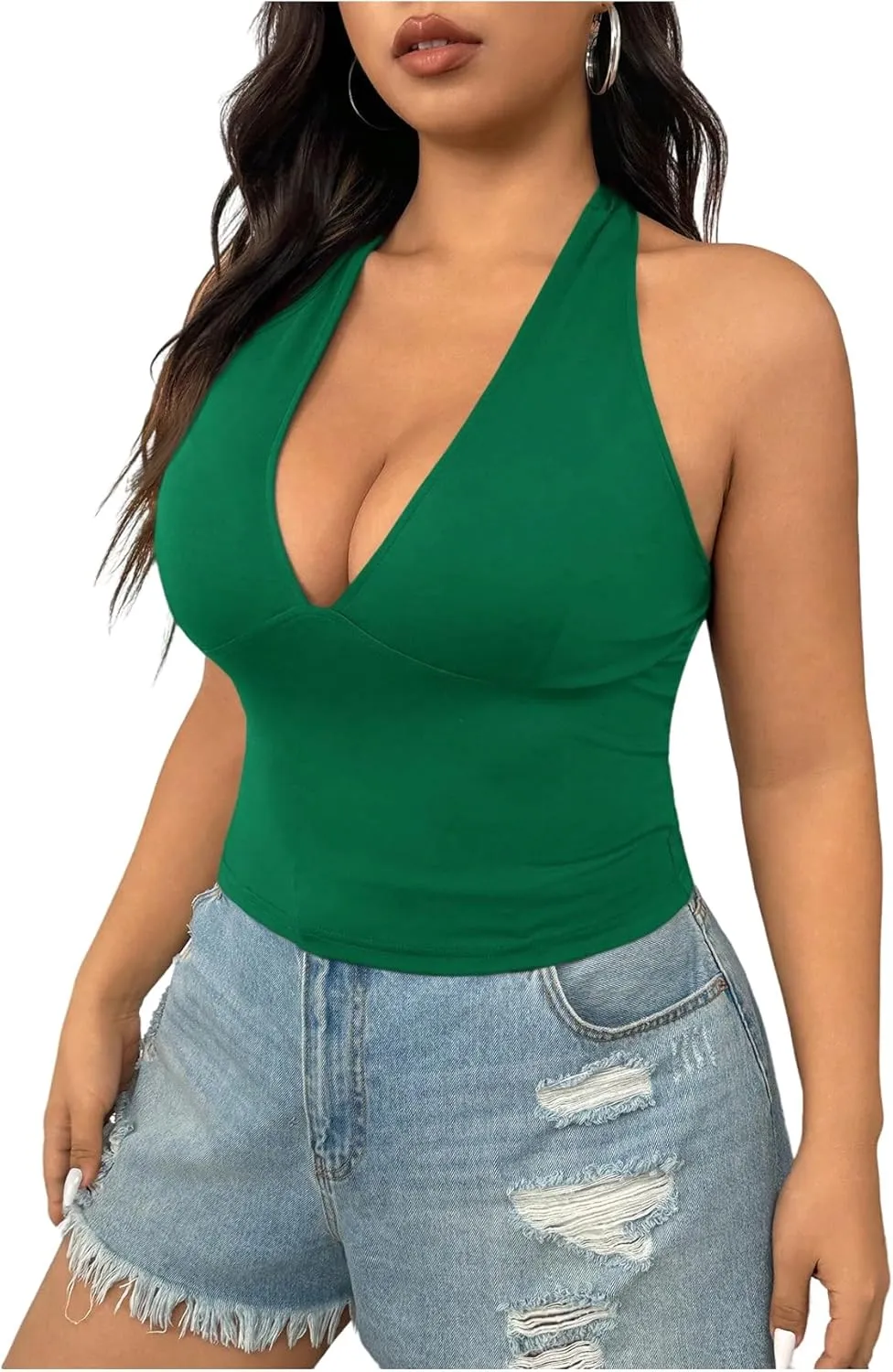 SOLY HUX Women's Plus Size Sexy Halter Deep V Neck Tank Top Backless Sleeveless Slim Fitted Going Out Crop Tops