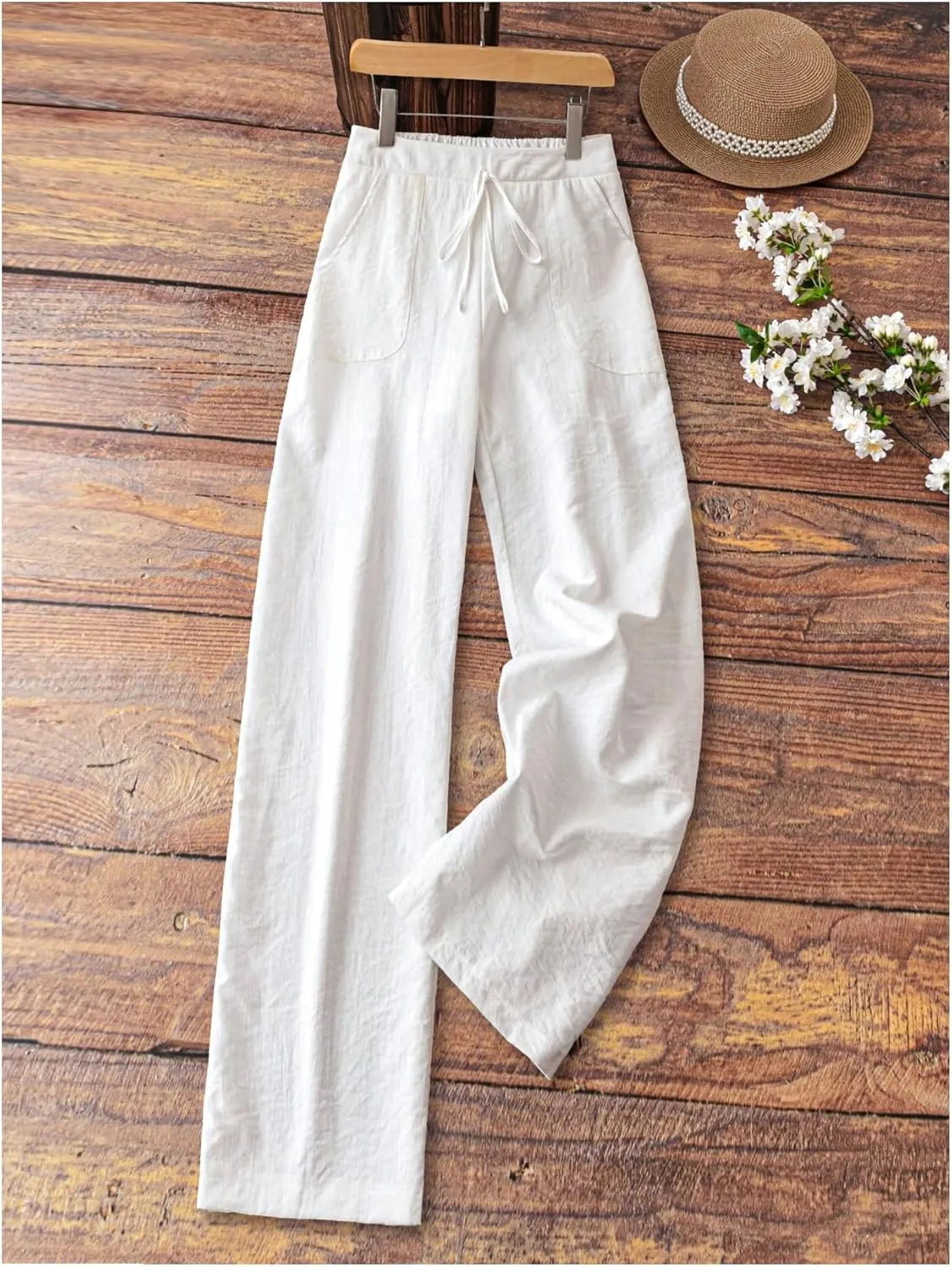 SOLY HUX Women's Tie Front Elastic Waist Pants Wide Leg Low Rise Casual Trousers with Pockets