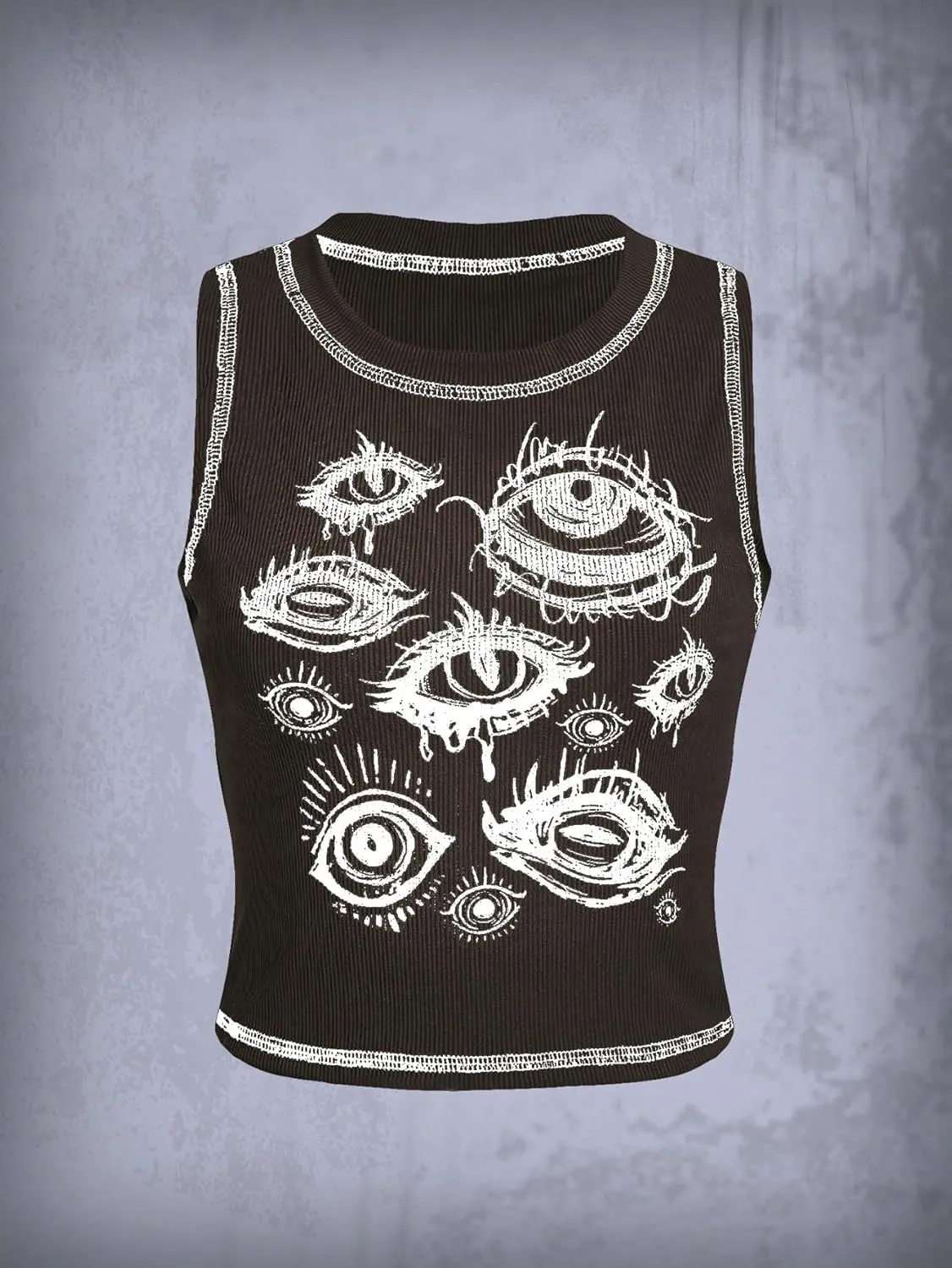 SOLY HUX Women's Y2k Goth Eye Print Crop Tank Top Round Neck Sleeveless Summer Tops