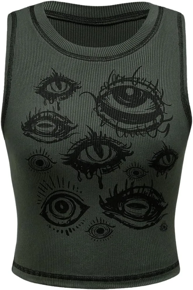 SOLY HUX Women's Y2k Goth Eye Print Crop Tank Top Round Neck Sleeveless Summer Tops
