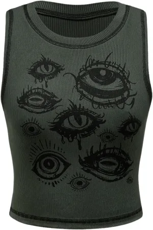SOLY HUX Women's Y2k Goth Eye Print Crop Tank Top Round Neck Sleeveless Summer Tops