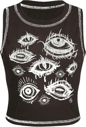 SOLY HUX Women's Y2k Goth Eye Print Crop Tank Top Round Neck Sleeveless Summer Tops