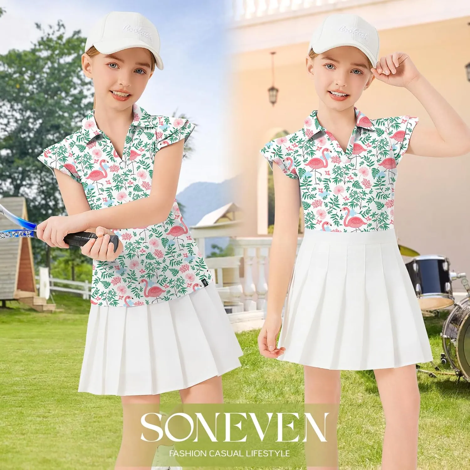 Soneven Girls Golf Polo Shirts V Neck Ruffle Sleeveless Tennis Shirts Lightweight Quick Dry Athletic Tank Tops