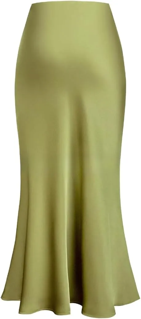 Sorrica Womens Elegant Satin Skirt High Waisted Cocktail Party Wedding Mermaid Hem Satin Maxi Skirts