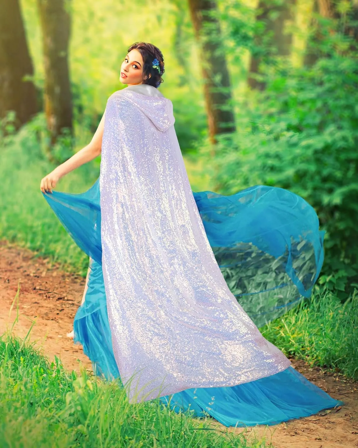 Suhine Women Princess Hooded Cape Costume Sequins Fairy Mermaid Cloaks for Cosplay Party