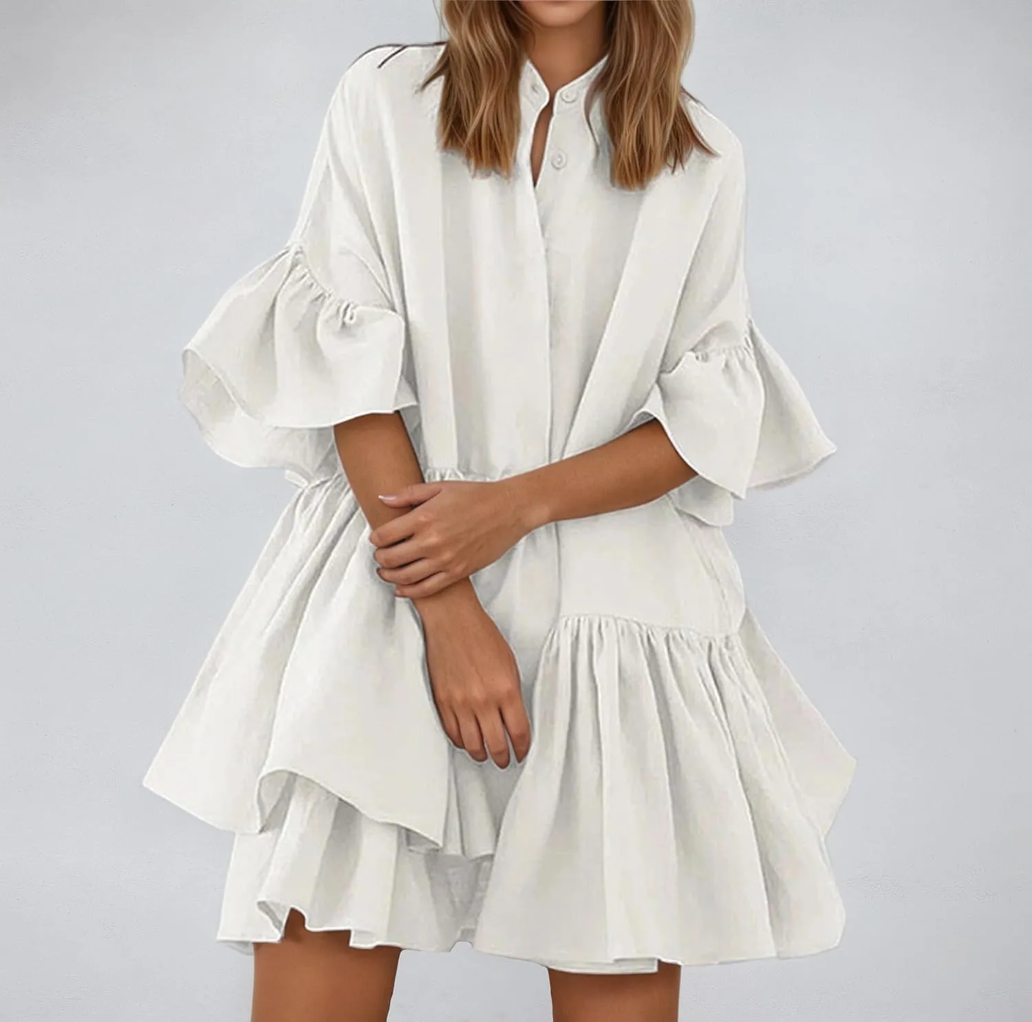 Summer Ruffle Midi Dress for Women Boho Half Sleeve Button Down Asymmetric Casual Flowy Beach Vacation Shirt Dress