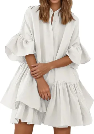 Summer Ruffle Midi Dress for Women Boho Half Sleeve Button Down Asymmetric Casual Flowy Beach Vacation Shirt Dress